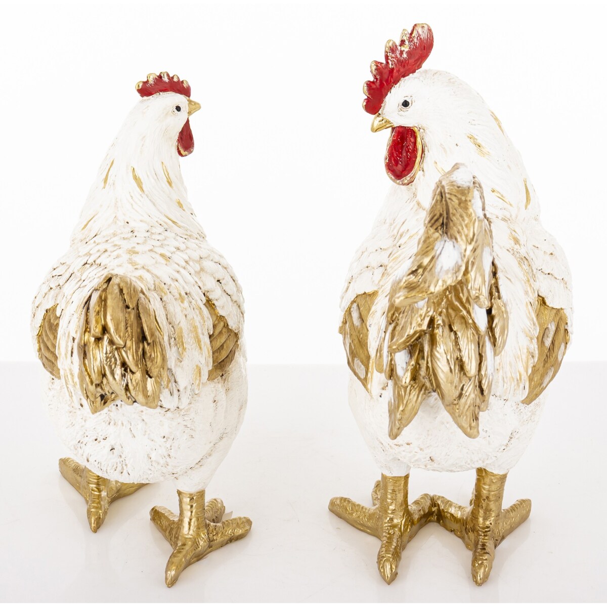 Dekoracja - kolorowa KOGUT i KURA 26x20x10,5 i 22x20x10 cm PLOMFEE biało-złota para