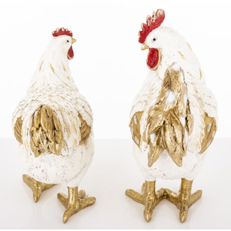 Dekoracja - kolorowa KOGUT i KURA 26x20x10,5 i 22x20x10 cm PLOMFEE biało-złota para
