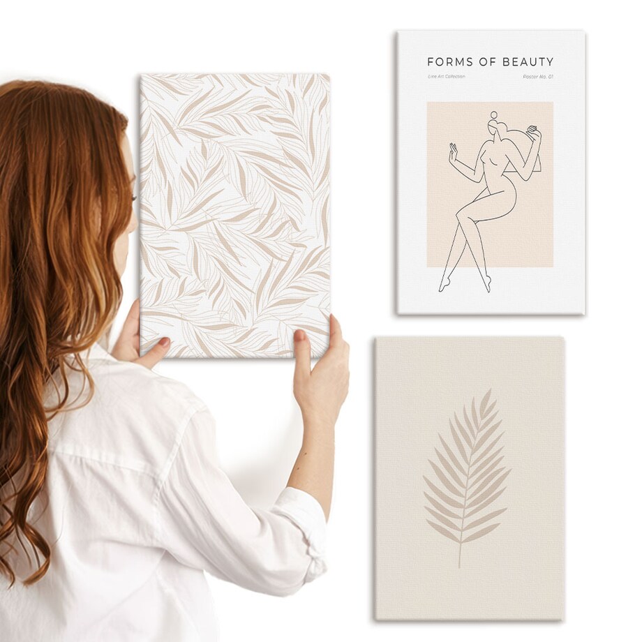 Zestaw 3 małych obrazów na płótnie - Motywy minimalistyczne botaniczne - beżowy