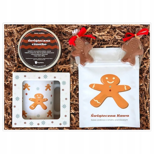 Gotowy zestaw prezentowy "Ginderbread Box" kawa smakowa PREMIUM kubek ciastko z mlecznej czekolady kawa piernikowa prezent na gwiazdkę święta pod choinkę dla mamy taty żony męża chłopaka dziewczyny
