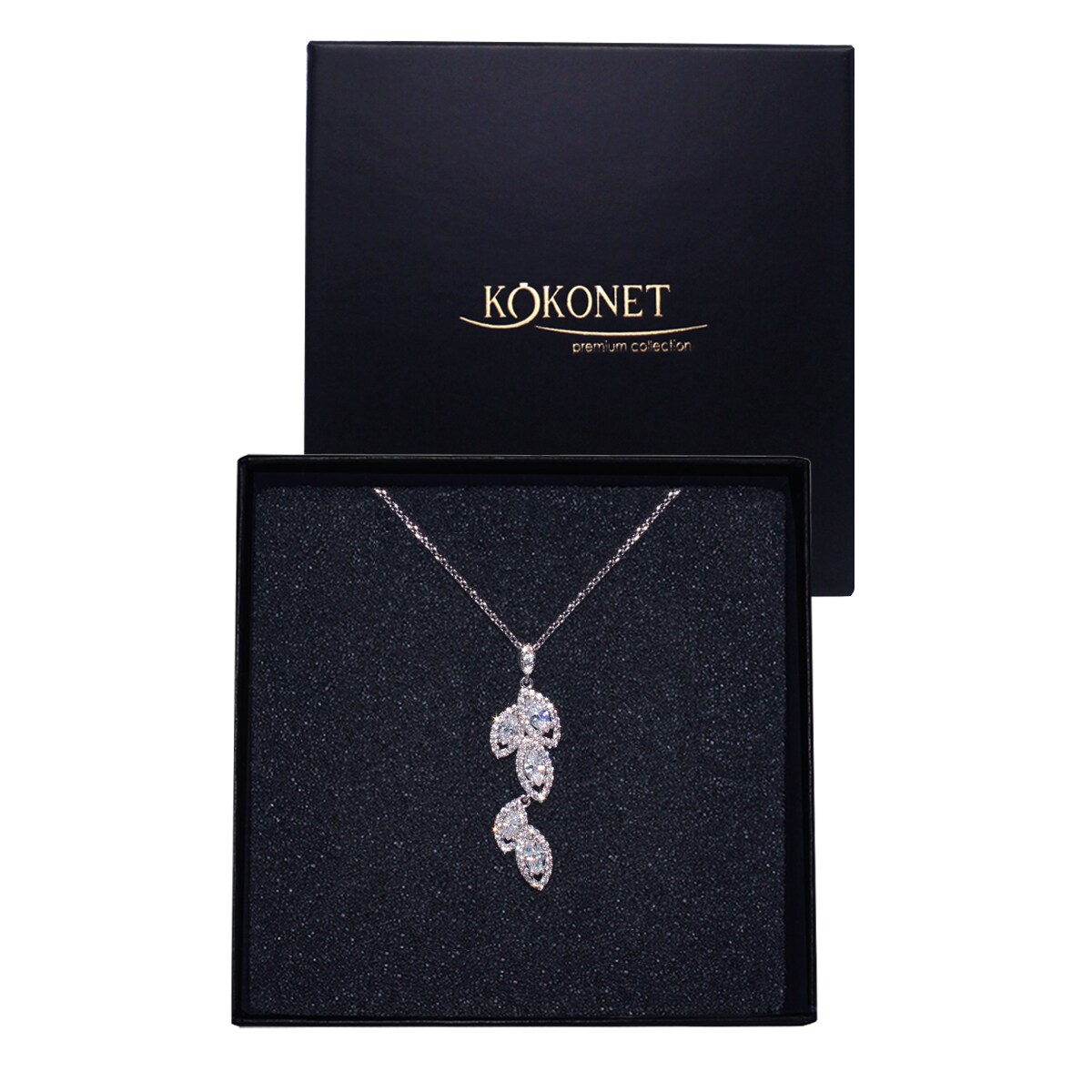 Srebrny NASZYJNIK wiszący dekolt V ślubny eleganckie listki na prezent