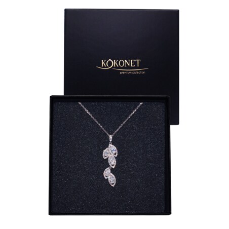 Srebrny NASZYJNIK wiszący dekolt V ślubny eleganckie listki na prezent