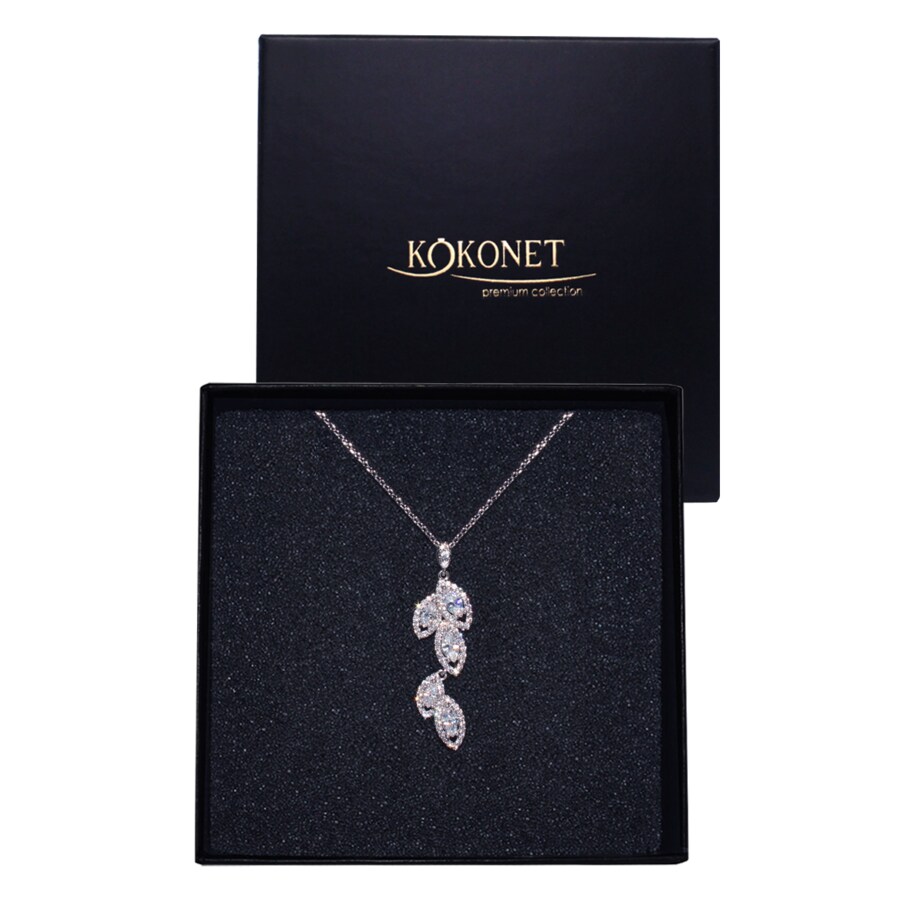 Srebrny NASZYJNIK wiszący dekolt V ślubny eleganckie listki na prezent