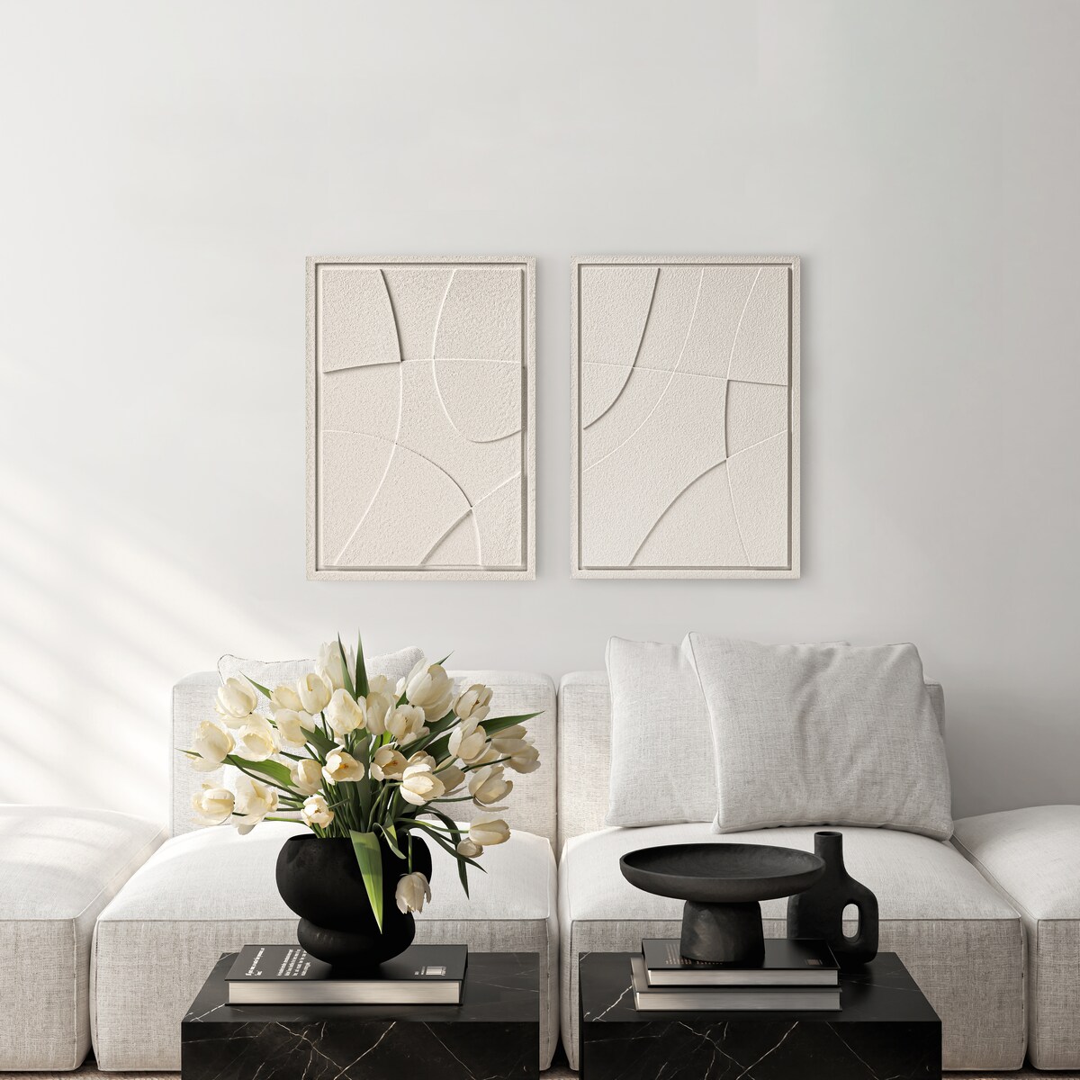 Zestaw 2 Obrazy 3D 50x70cm Abstract – Dekoracje ścienne z Tynku Naturalnego, Natural Cream, Minimalistyczne Reliefy