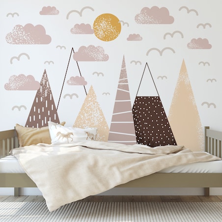 NAKLEJKI ŚCIENNE DLA DZIECI BRĄZOWE GÓRY PTAKI SŁOŃCE CHMURKI ZESTAW