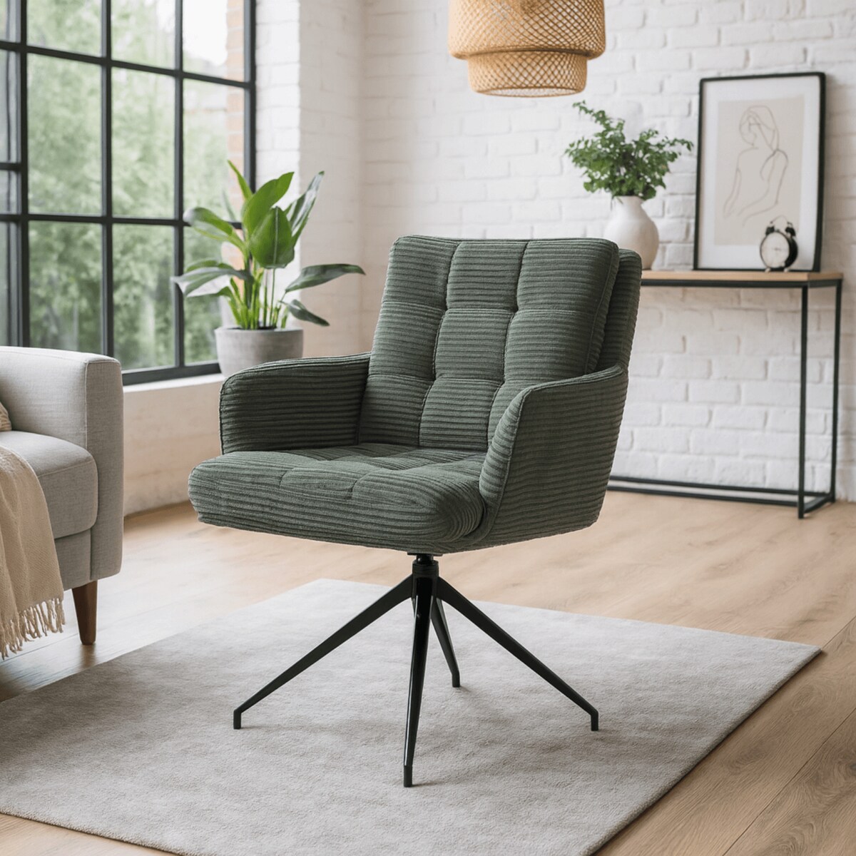 Krzesło Obrotowe Kubełkowe Tapicerowane Do Jadalni Sztruks Zielony AKITA