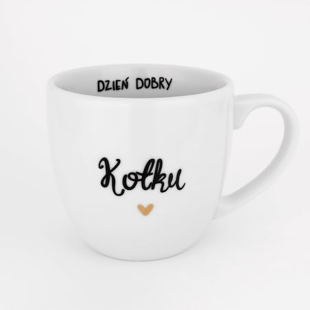 Biały Kubek Porcelanowy 300 ml - Napis Dzień Dobry Kotku ze Złotym Sercem dla Partnerki na Rocznicę