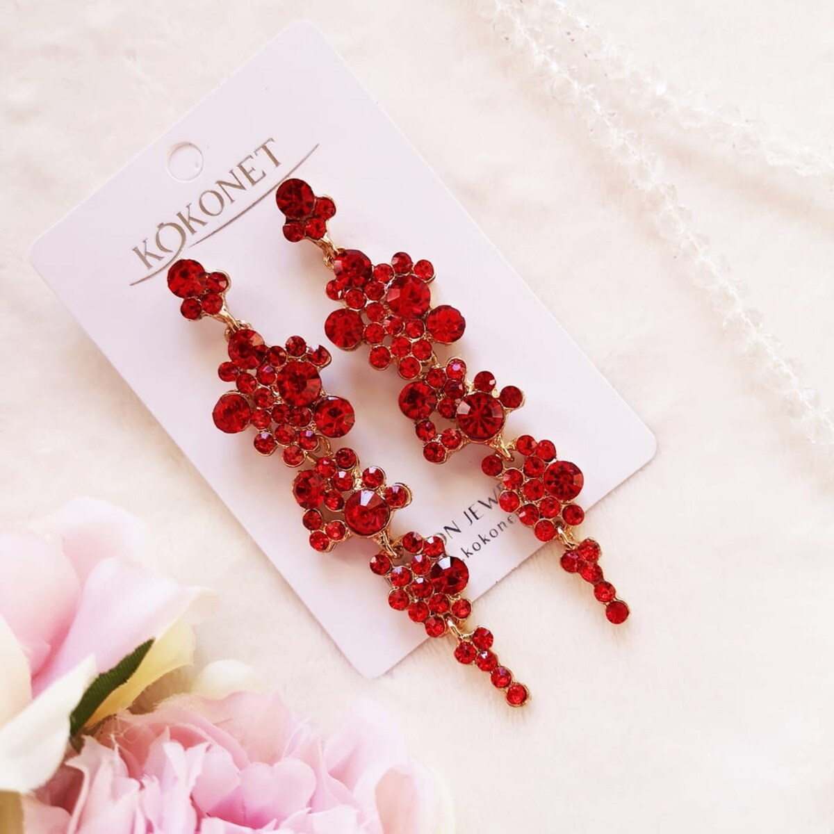 Kolczyki czerwone złote RUBINOWE długie cyrkonie