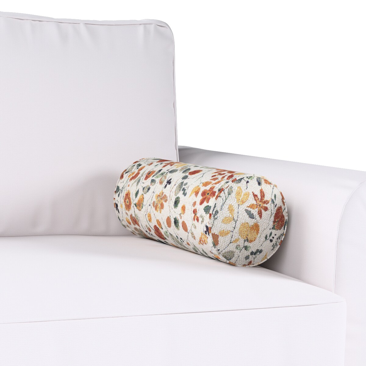 Poduszka wałek prosty, pomarańczowo-zielone kwiaty na kremowym tle, Ø16 x 40 cm, Cosy Home