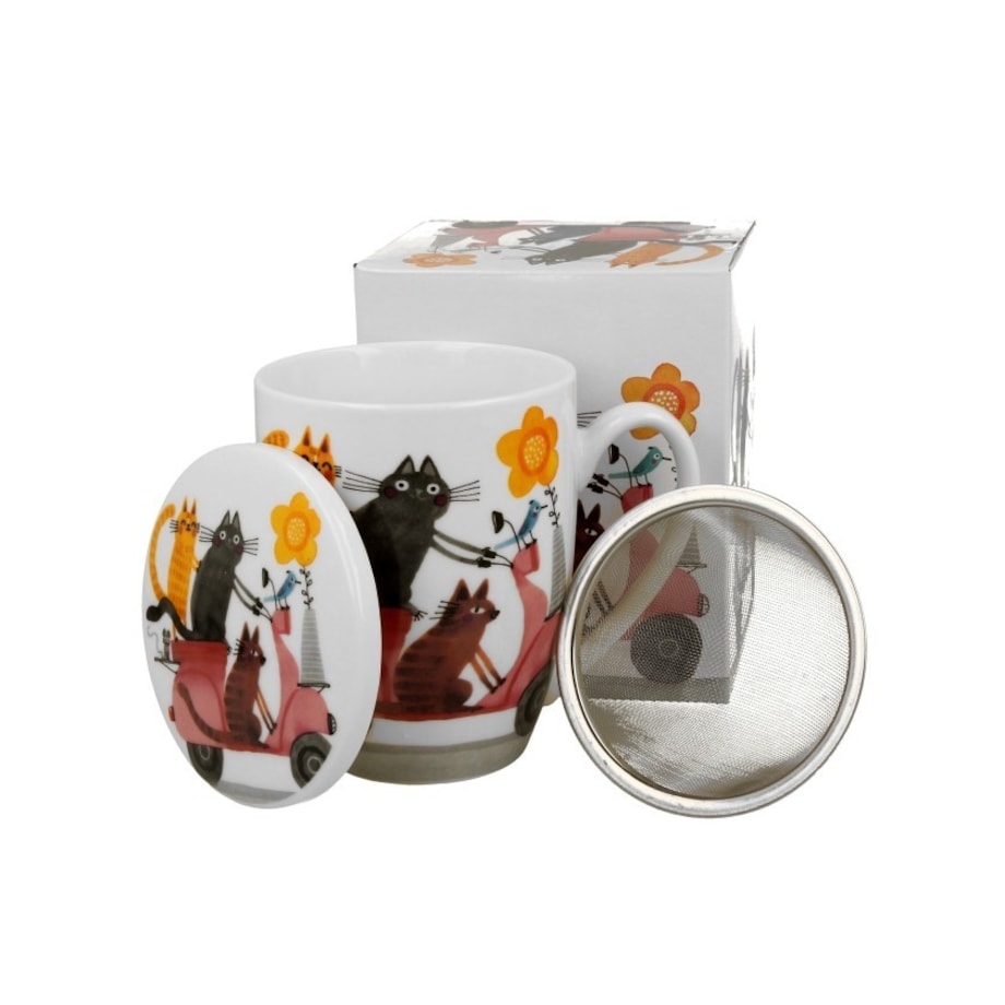 Kubek z zaparzaczem w pudełku 360 ml 12x11x8,3 cm KOTY na skuterze