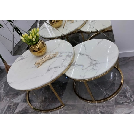 Zestaw złotych okrągłych stolików kawowych Premium Marco z kamiennym blatem marmurkowym 2 in 1