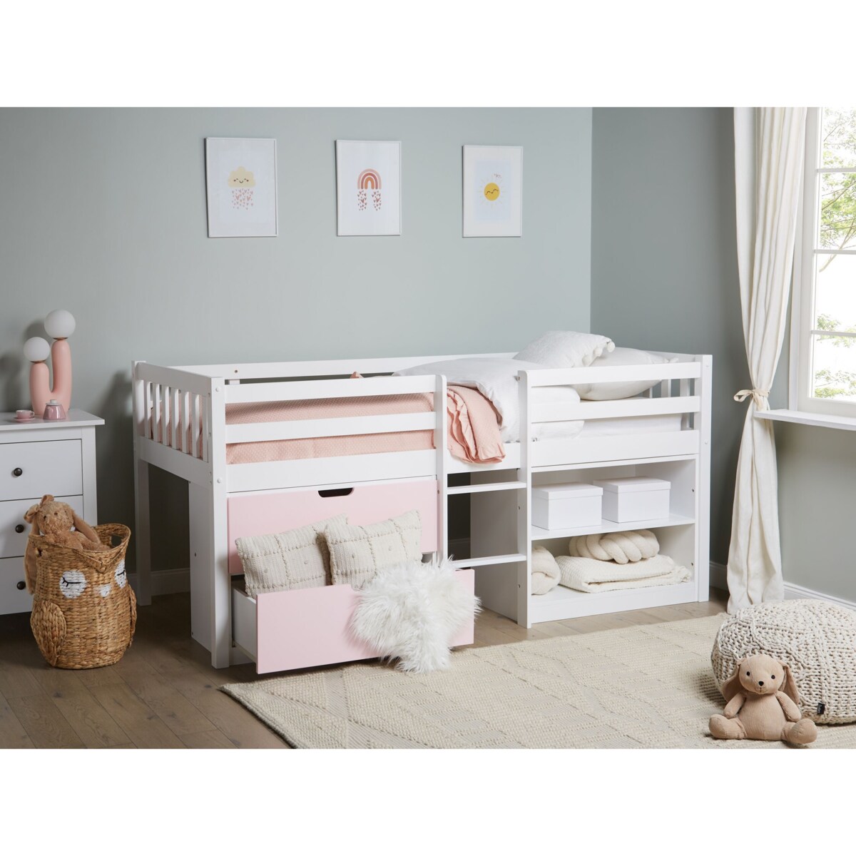 Łóżko dziecięce na podwyższeniu z szufladami drewniane 90 x 200 cm białe z różowym SUSVILLE