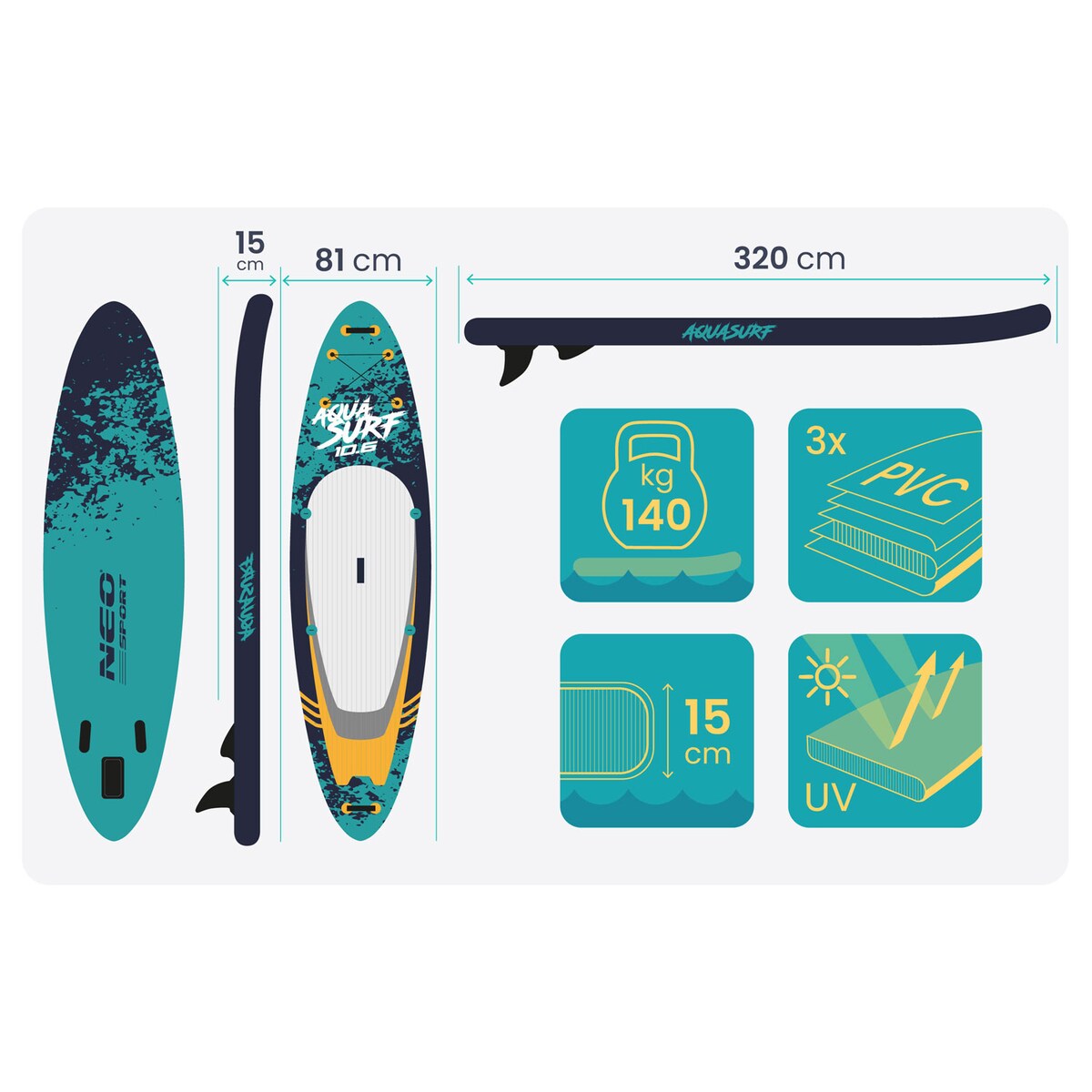 Deska SUP do pływania Neo-Sport pompowana STAND UP PADDLE Aquasurf 320cm ZESTAW