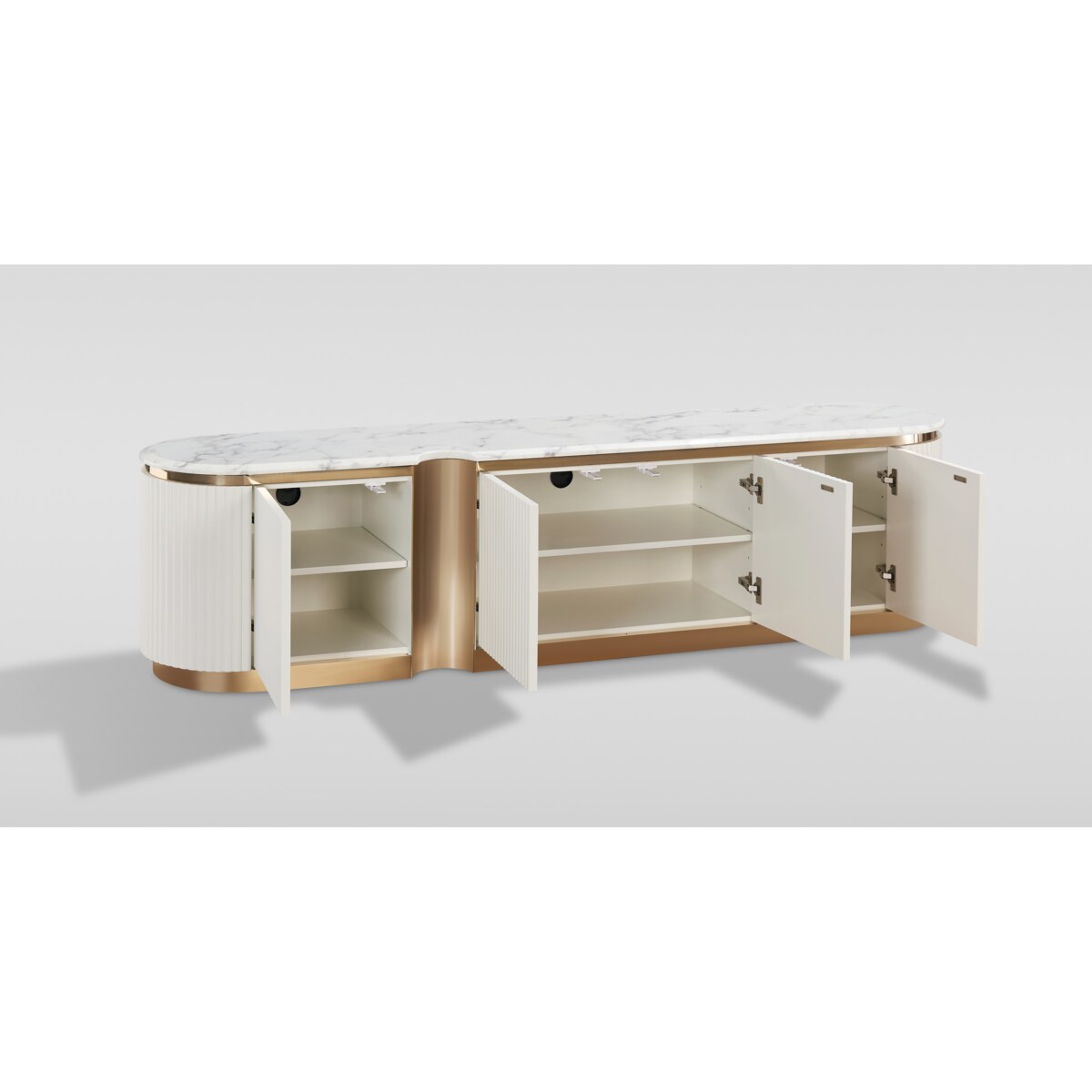 Ryflowana szafka RTV złota biała Nutris Glamour Premium z blatem marmurowym 200x40x50