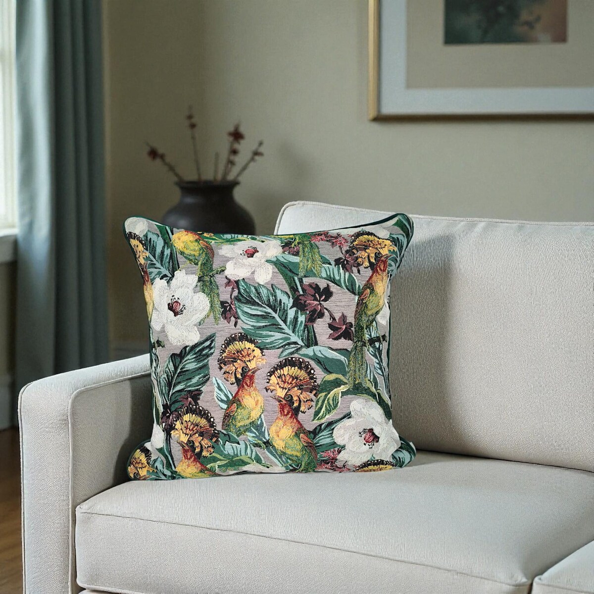 Poduszka dekoracyjna w liście i ptaki 45x45 - Echo Puszczy - polski żakard