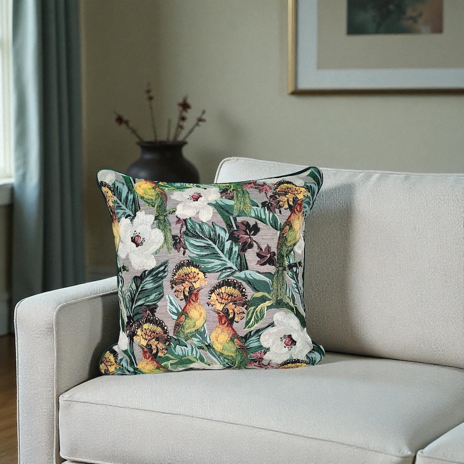 Poduszka dekoracyjna w liście i ptaki 45x45 - Echo Puszczy - polski żakard