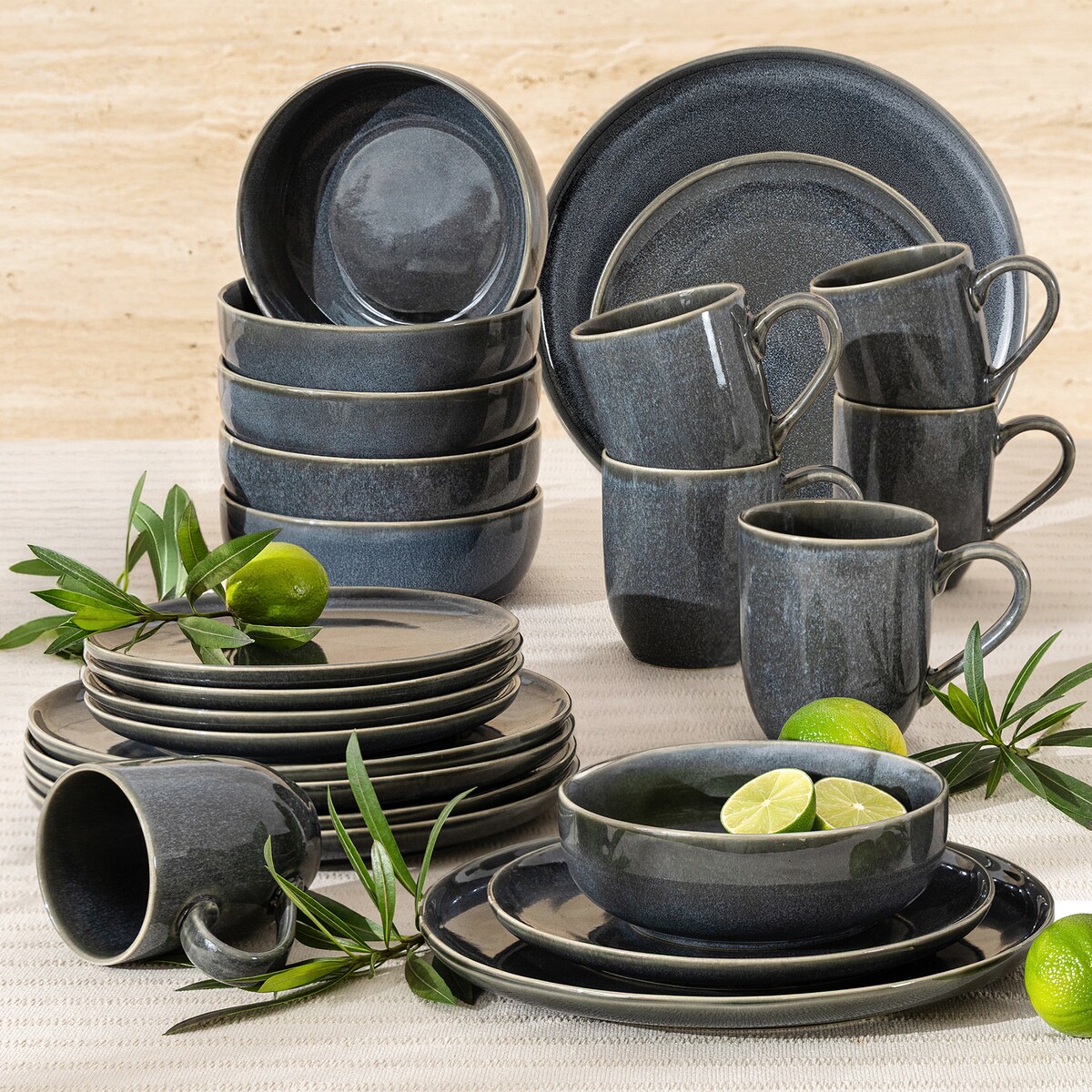 EDA Zestaw obiadowy 6 os. (24 el.), niebieski/szary/beżowy