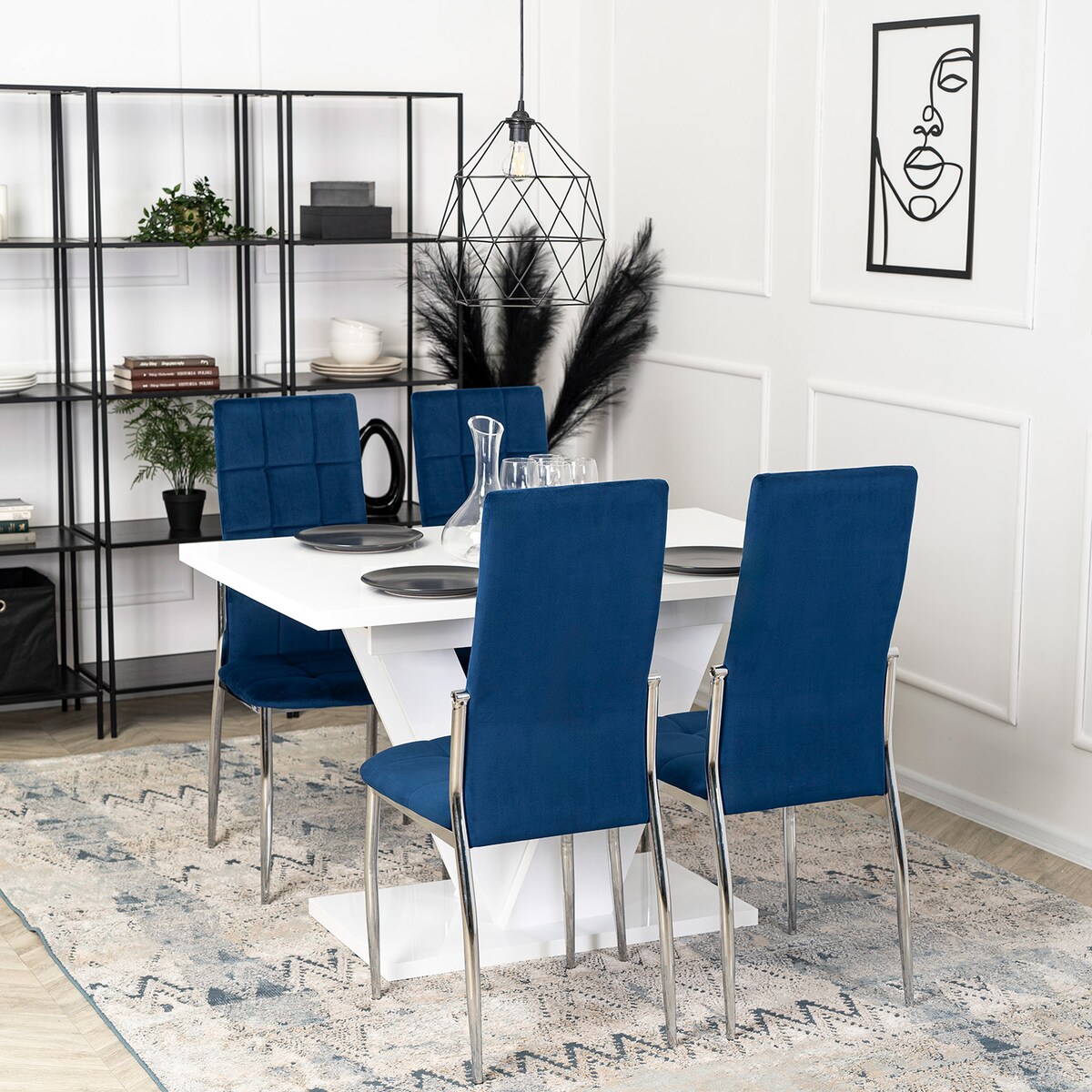 Krzesło Tapicerowane Do Salonu Jadalni Kuchenne Granatowe Welur Chrom MOLLY