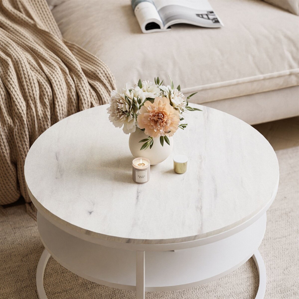 Okrągły stolik kawowy CIRI SLIM z półką biały marmur levanto