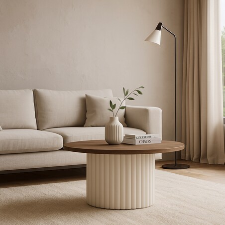 Okrągły stolik kawowy Riko 90cm ryflowana podstawa-dąb lefkas/ kaszmir