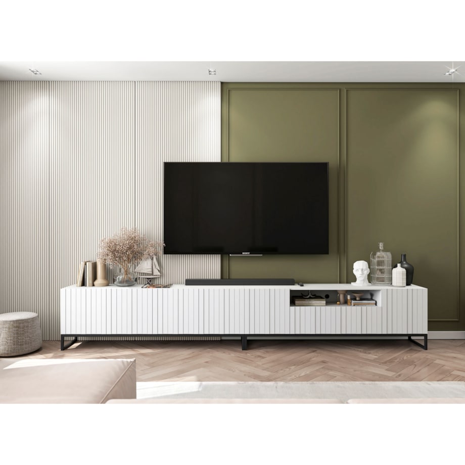 Szafka RTV Glamour Nowoczesna Komoda RTV Ryflowane Fronty Loft Biały Mat 300 cm