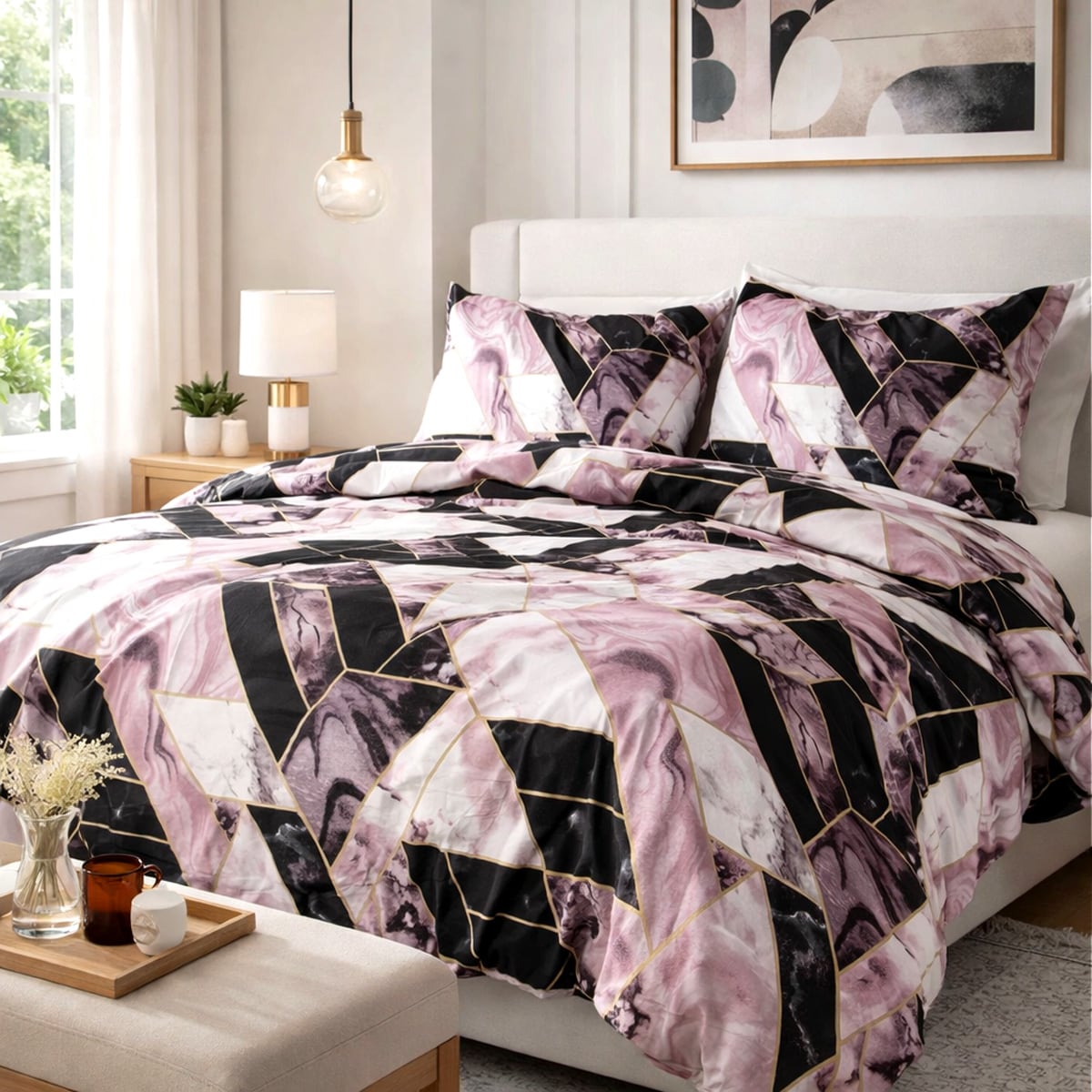 Pościel satyna bawełniana 180x200 Satynlove czarno różowy geometryczny marmur