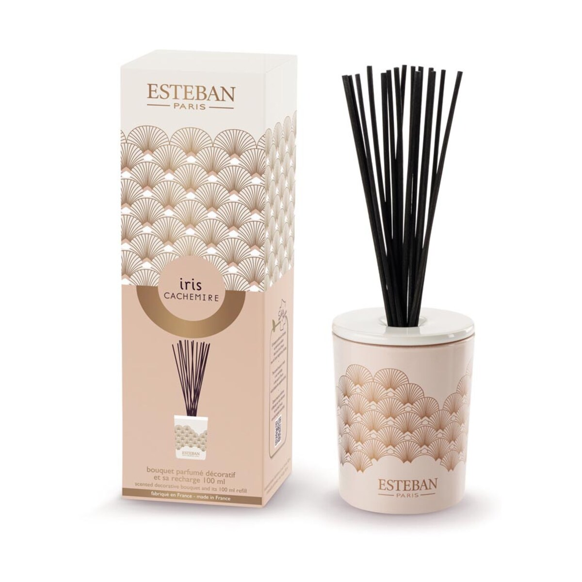 Dyfuzor zapachowy z patyczkami Iris Cachemire + ceramiczna przykrywka, 100 ml, Esteban