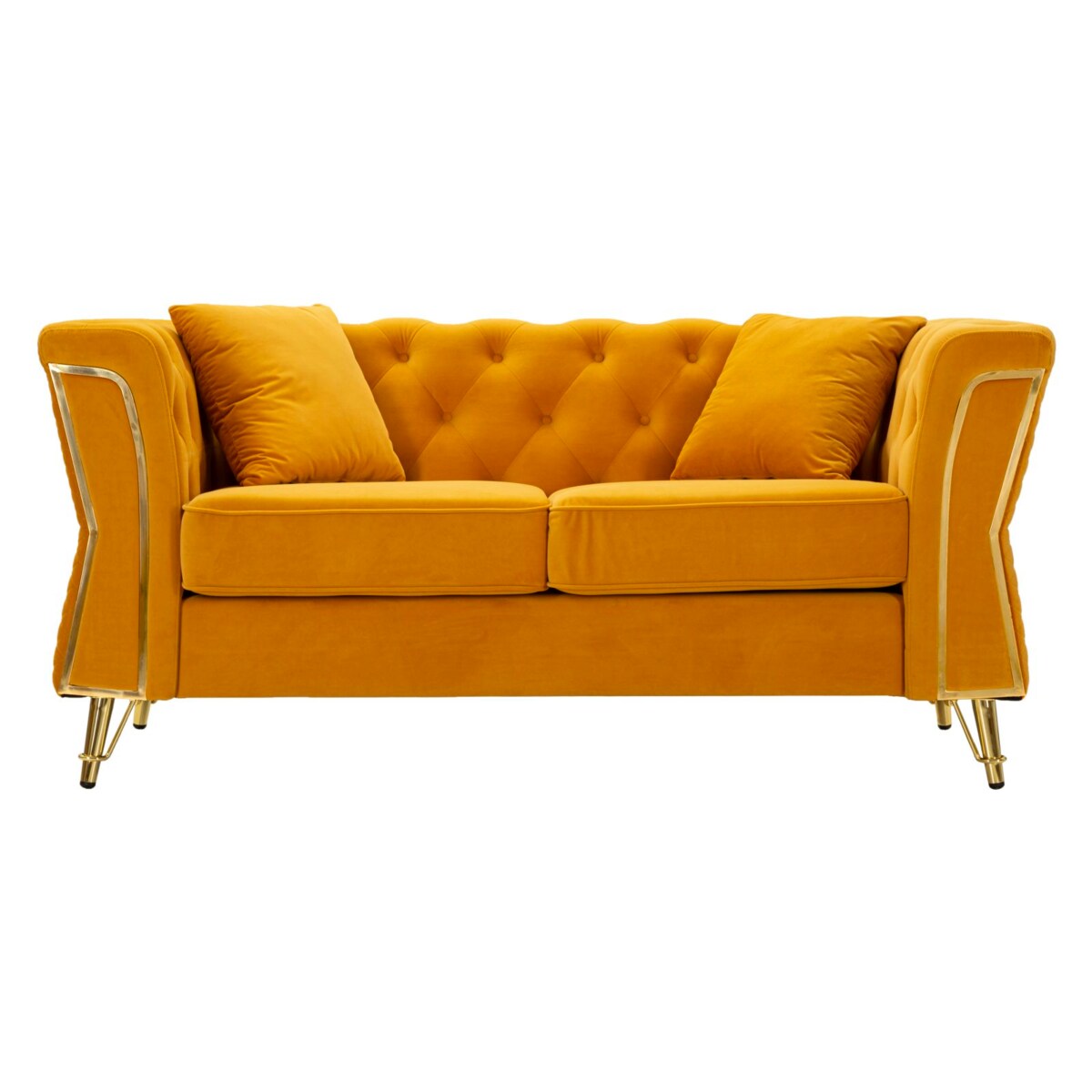 Sofa Emy, kolor musztardowy i złoty, poliester, drewno eukaliptusowe, drewno sosnowe, sklejka i metal, 162 x 83 x 76 cm, do salonu, Mauro Ferretti