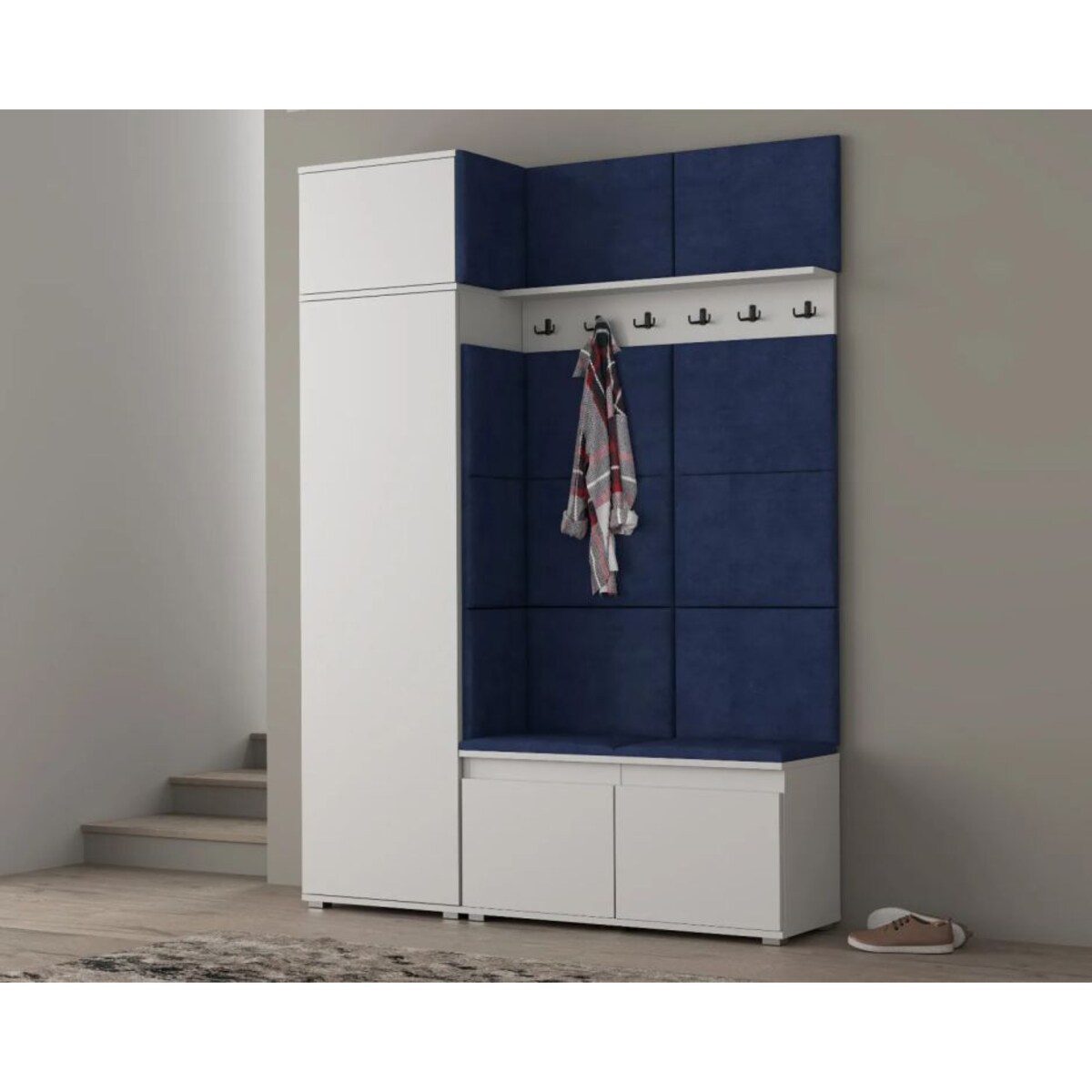Garderoba z siedziskiem i nadstawką do przedpokoju SINGAPUR 154 biała/granatowa