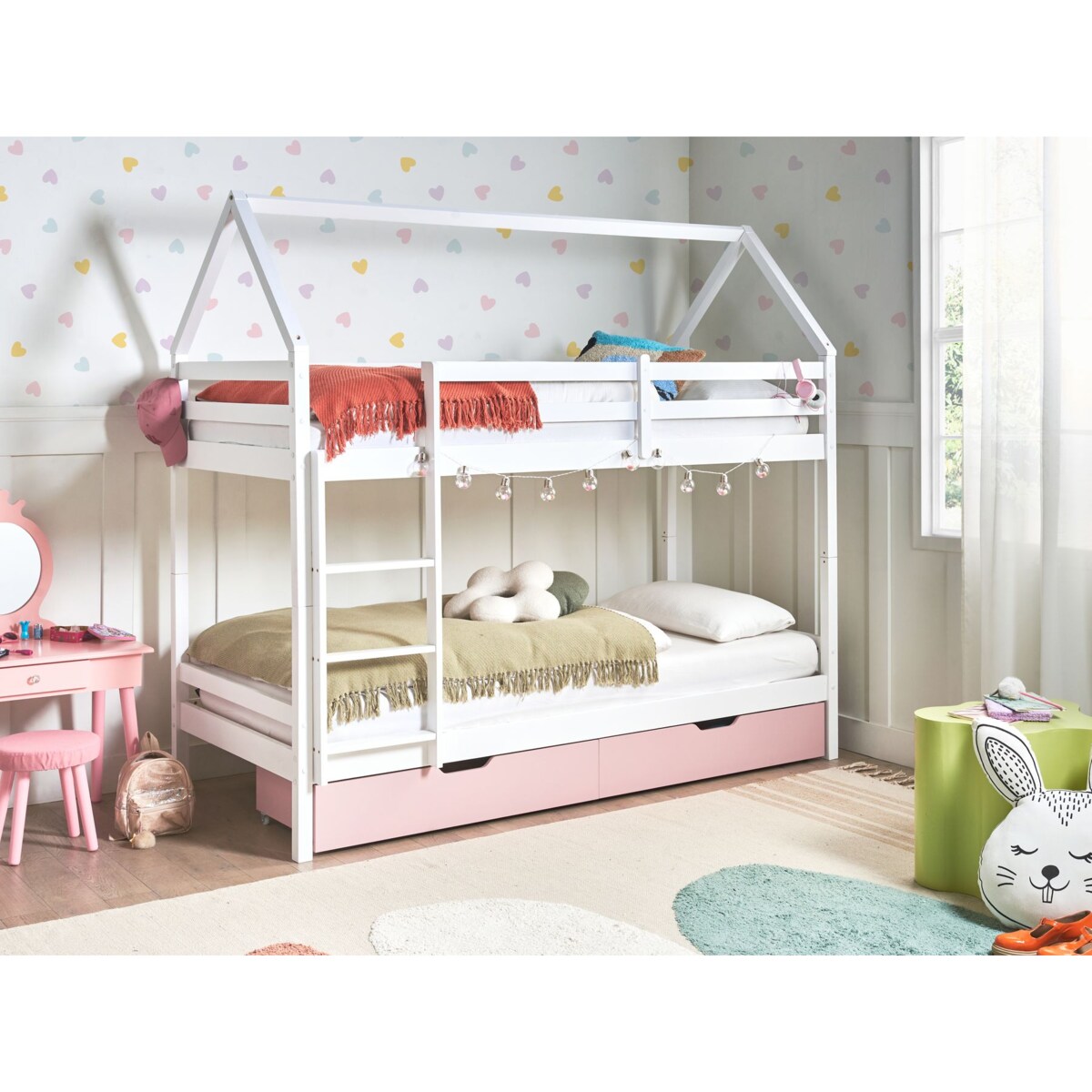 Łóżko piętrowe z szufladami Domek Drewno sosnowe TERNAS 90 x 200 cm Różowy