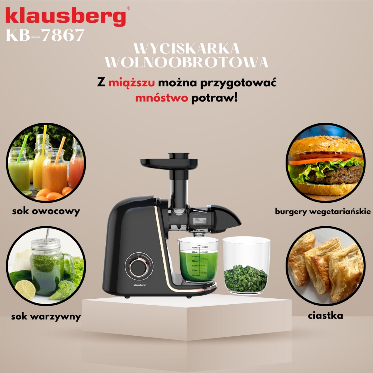 Sokowirówka wolnoobrotowa 150W do owoców i warzyw COLD PRESS KLAUSBERG KB-7867