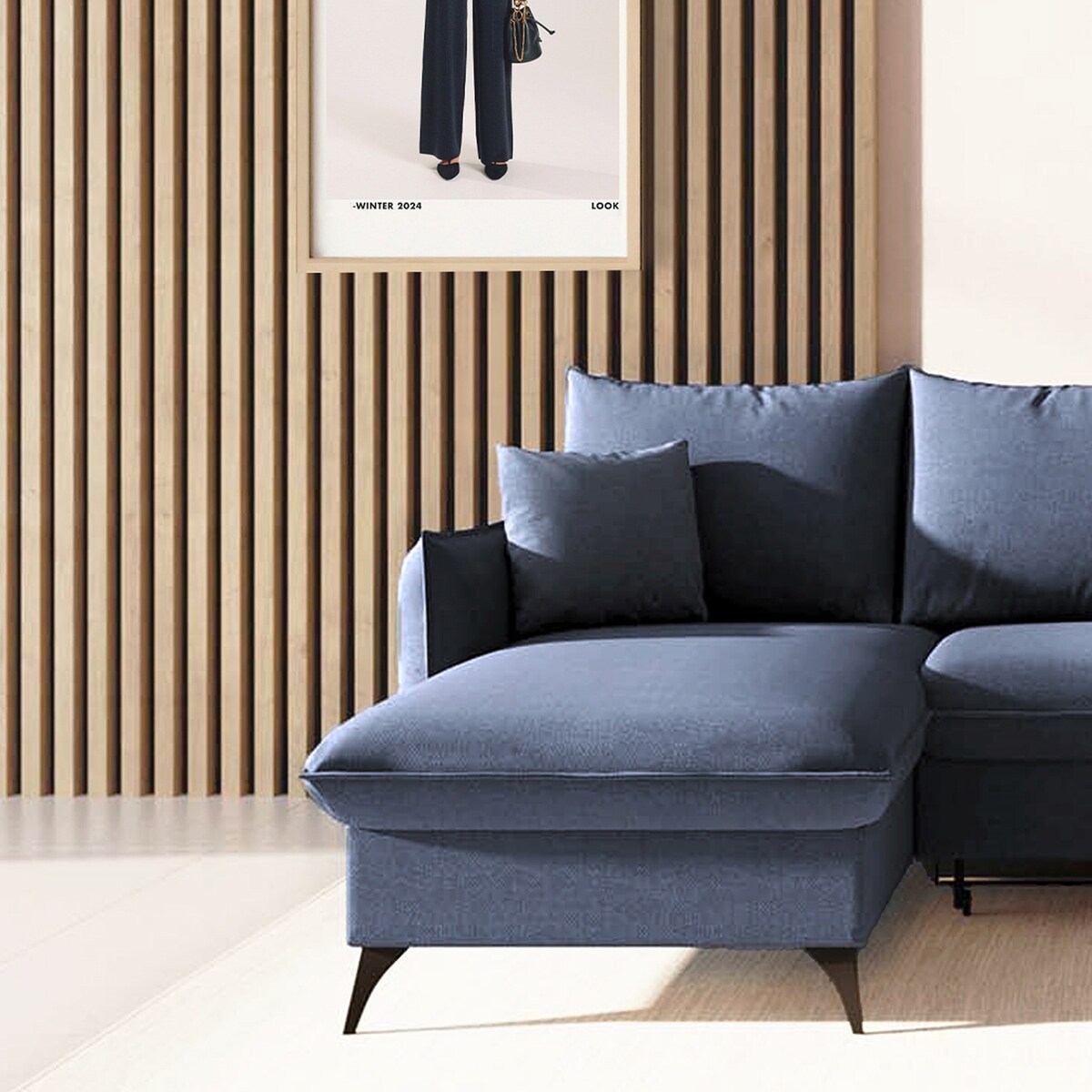 Brim Sofa narożna lewa z funkcją spania i pojemnikiem lewa granatowa