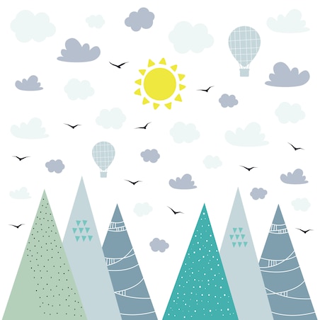 ZESTAW NAKLEJEK NA ŚCIANĘ DLA DZIECI GÓRY BALONY CHMURY PTAKI STYL BOHO