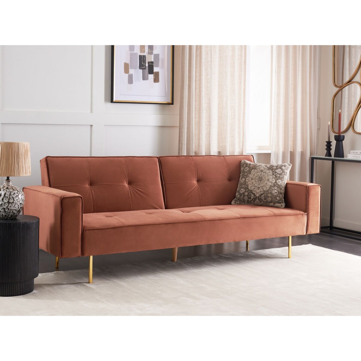 Sofa rozkładana welurowa złoty brąz VISNES