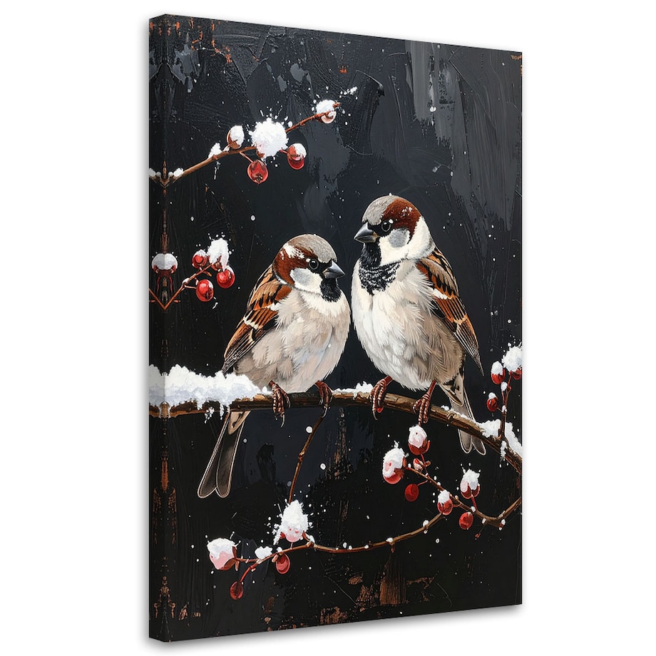 Obraz do salonu kuchni biura, Ptaki siedzące nocą na gałęzi w zimie