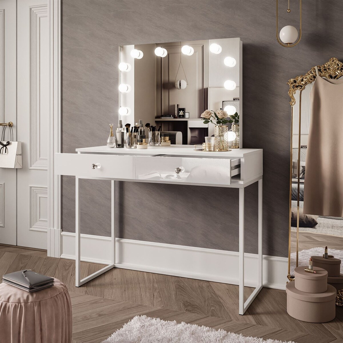 Toaletka BLANCO LOFT ELITE 100 cm z lustrem i oświetleniem LED, biały wysoki połysk