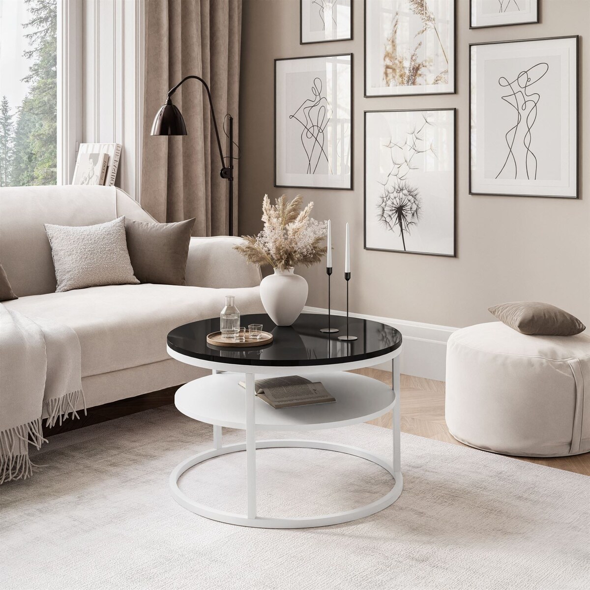 Stolik kawowy CIRI SLIM z półką biały czarny połysk