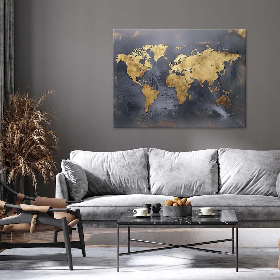 OBRAZ MAPA ŚWIATA CZARNY ZŁOTY NOWOCZESNY NA PŁÓTNIE ŚCIANĘ 100x70