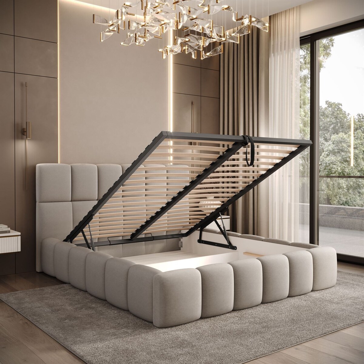 Łóżko tapicerowane VENEZIA, pojemnik na pościel, stelaż 34, 180x200, Castel 80