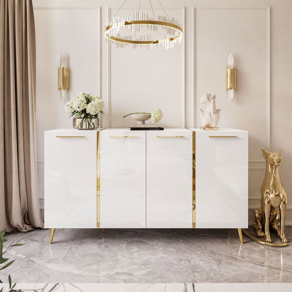 Komoda ONYX 4D 158 cm na złotych nóżkach, biała, uchwyty złote