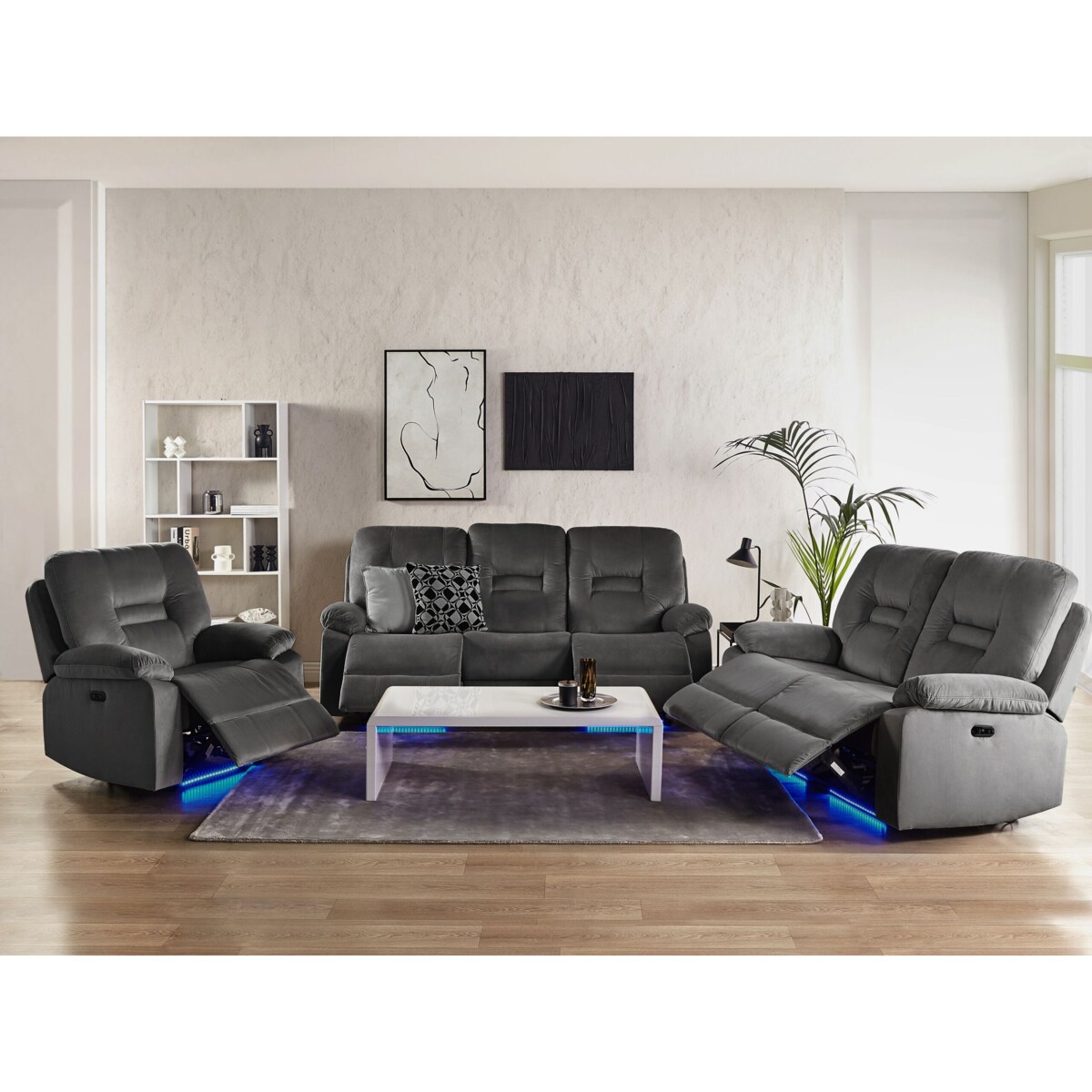 Komplet wypoczynkowy z elektryczną funkcją relaksu dla 6 osób BERGEN Welur Ciemnoszary Z portem USB