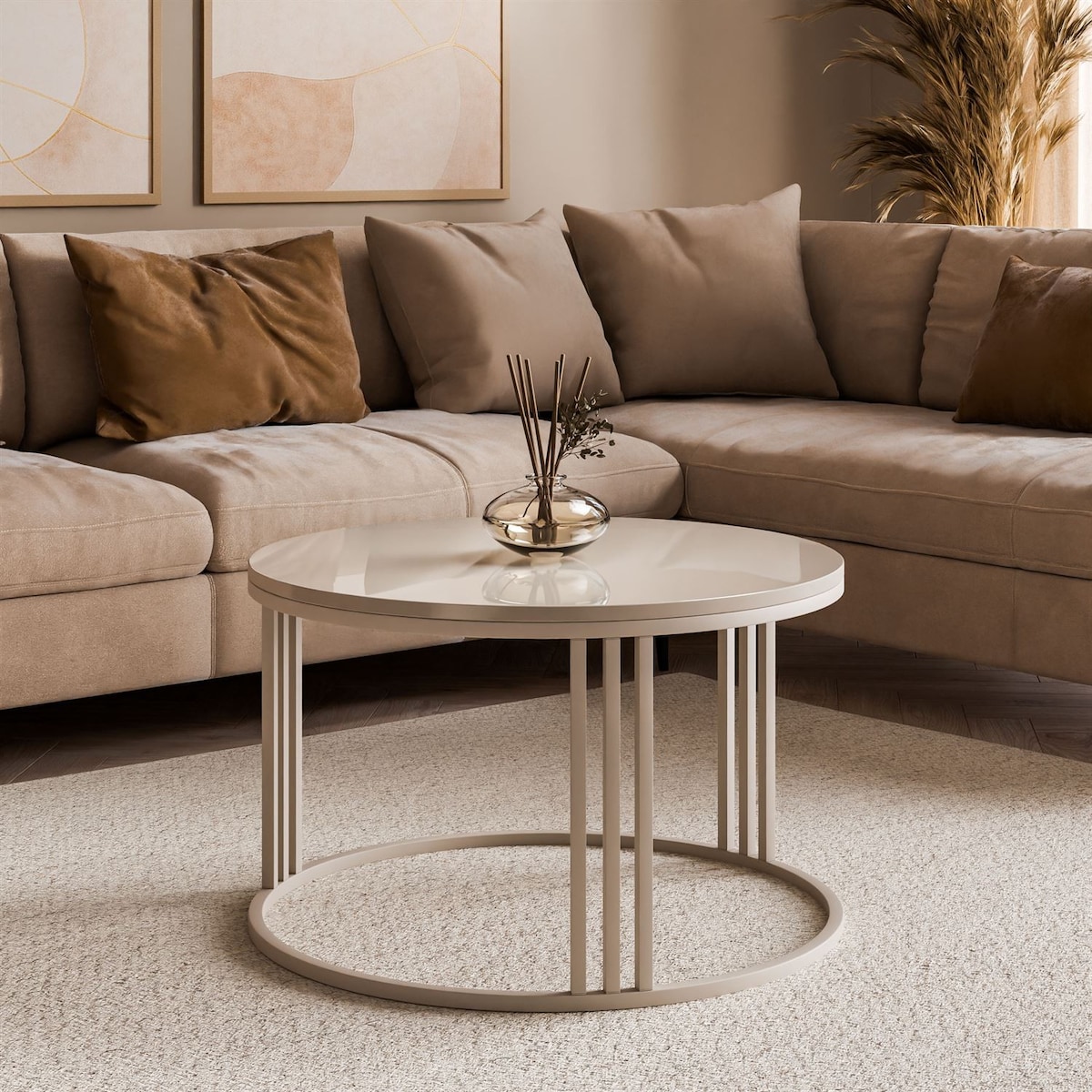 Okrągły stolik kawowy LORI POŁYSK na kaszmirowym stelażu, blat kaszmir połysk