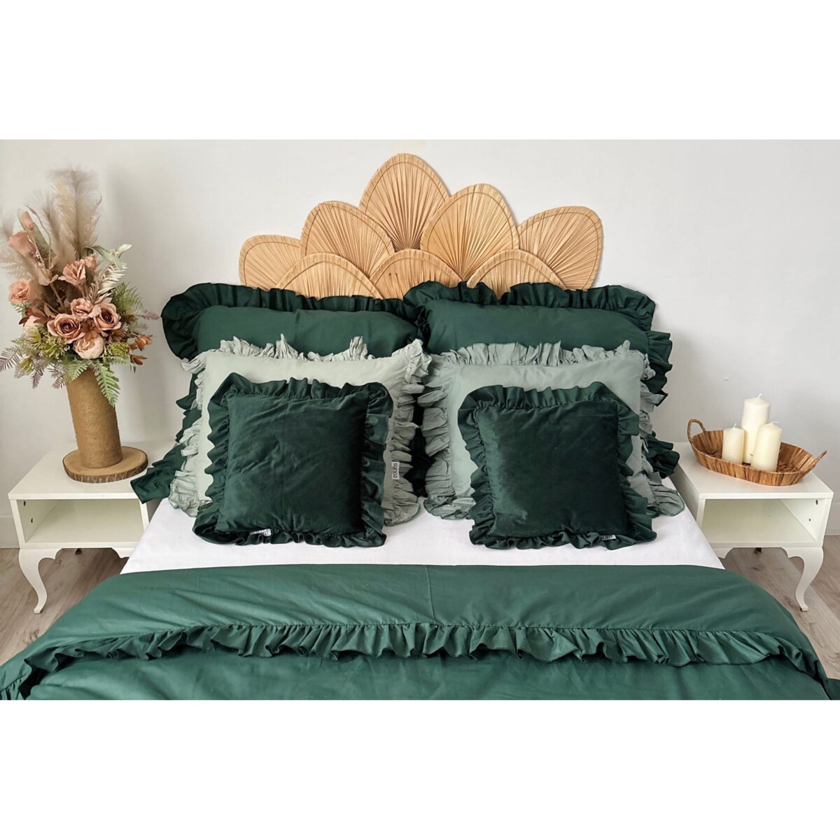 Pościel Bawełniana Z Falbanką Zestaw Komplet Do Sypialni Kołdra + 6 Poduszek 160X200 Butelkowa Zieleń Boho