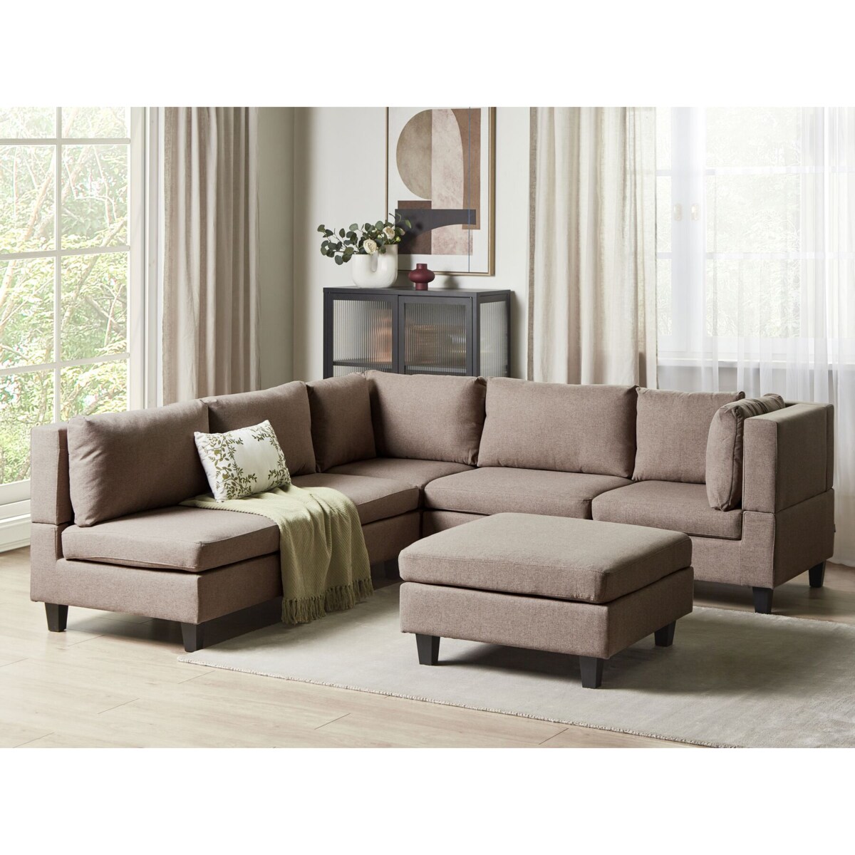 Tapicerowany lewostronny narożnik modułowy 5-osobowy z otomaną brązowy UNSTAD