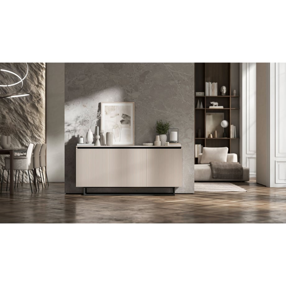 Komoda Glamour Szafka RTV Kaszmir MAT ryflowane fronty czarny stelaż 166,8 cm