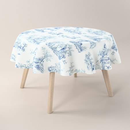 Obrus okrągły 130 x 130 cm scenki rodzajowe w kolorze niebieskim na tle ecru