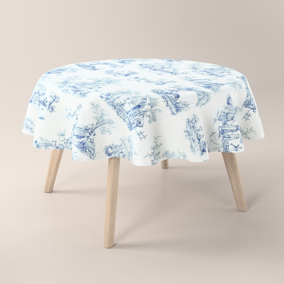 Obrus okrągły 130 x 130 cm scenki rodzajowe w kolorze niebieskim na tle ecru