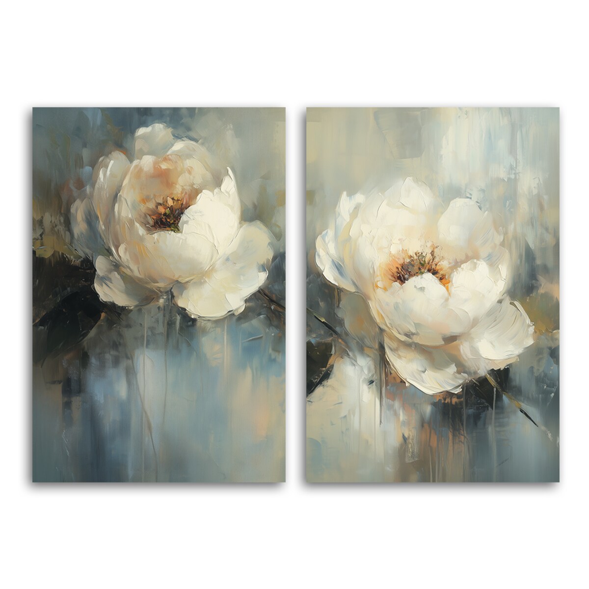 Zestaw nowoczesnych 2 obrazów na ścianę do salonu sypialni jadalni biura loftu Beżowe kwiaty piwonii boho 160x120 (2x80x120)