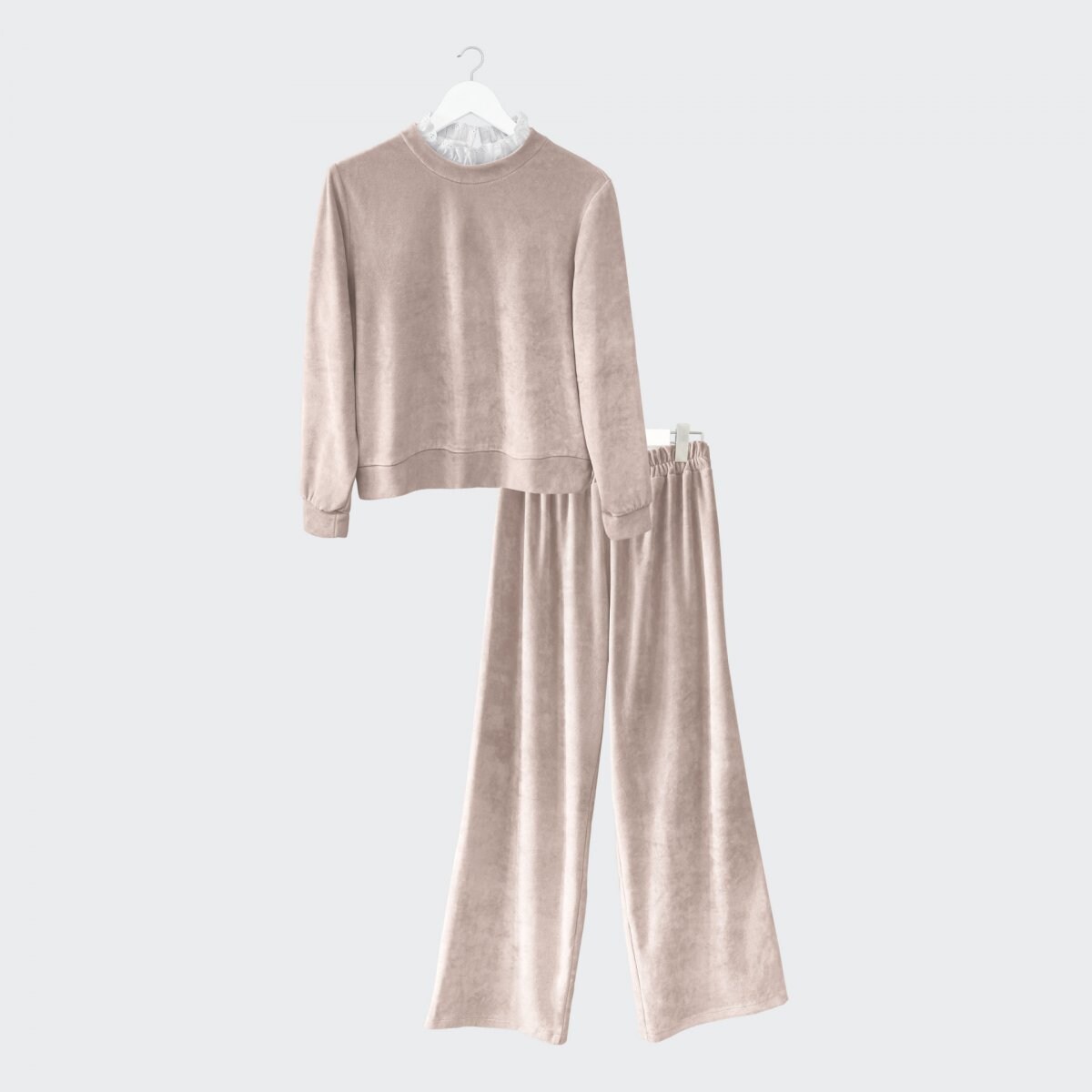 Welurowy zestaw beżowa bluza z koronką i spodnie - L