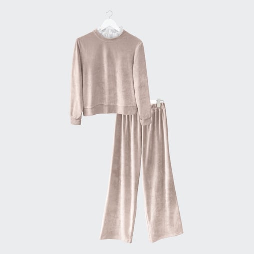 Welurowy zestaw beżowa bluza z koronką i spodnie - L